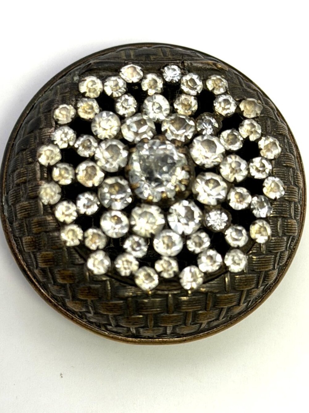 Vintage Rhinestone Trinket Pill Box Round Basket Weave Hinged Gold Tone 2”